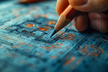 A skilled person delicately traces a circuit board with a pencil, their hand steady and focused as they bring the intricate design to life - obrazy, fototapety, plakaty