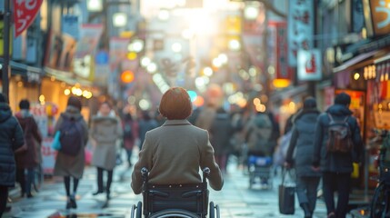 Black elder woman in a wheelchair, wearing a business suit, driving through a noisy city street. - obrazy, fototapety, plakaty