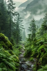 Misty fir forest landscape