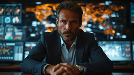 Fototapeta premium Strategic Planning in Acquisitions A businessman sits at a conference table surrounded by screens displaying various financial data and charts. His gaze is focused on a world