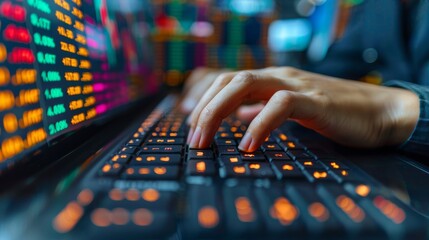 Close-up photograph of a trader's hands, fingers hovering over a keyboard as they make split-second decisions on buying and selling stocks