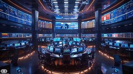Digital rendering of a futuristic stock exchange, where traders interact with holographic displays and virtual reality interfaces to execute trades in real-time