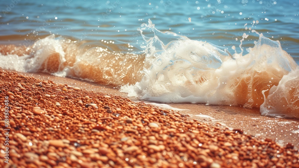 Poster close-up of wave hitting pebble beach with shells