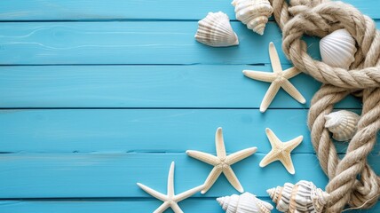Nautical themed composition with starfish and shells on blue wood
