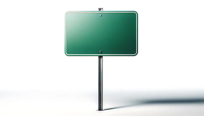 Blank Green Road Sign on a Single Post Against a White Background