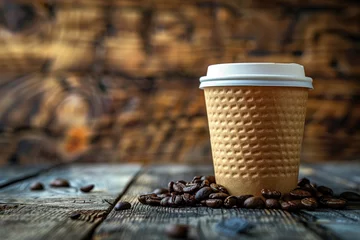 Foto op Canvas Paper cup of coffee with smoke and coffee beans on old wooden background © Vasiliy