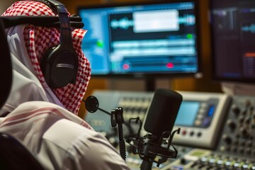 Close-Up of Saudi Arabian Gulf Radio Reporter in Studio, Delivering News with Authority - obrazy, fototapety, plakaty