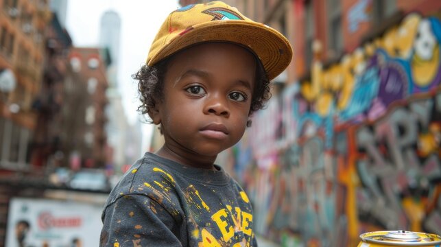 Young boy, of African descent, enthusiastically paints a colorful mural on a wall - Powered by Adobe