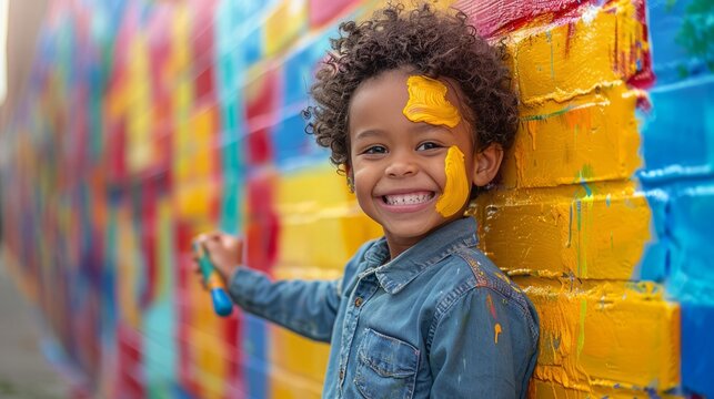 Young boy, of African descent, enthusiastically paints a colorful mural on a wall