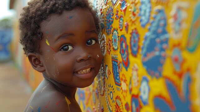 Young boy, of African descent, enthusiastically paints a colorful mural on a wall