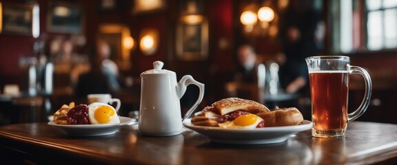 A traditional English breakfast, filling the frame, with a cozy British pub interior providing - obrazy, fototapety, plakaty
