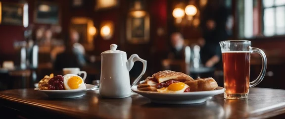 Poster A traditional English breakfast, filling the frame, with a cozy British pub interior providing © vanAmsen