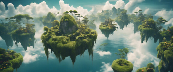  A surreal landscape of floating islands in the sky, each island unique, with cascading waterfalls 