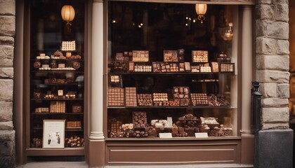 Artisanal Chocolate Shop in a Historic Town, an assortment of fine chocolates displayed