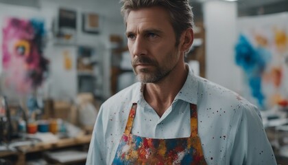  Artist with an Intense Stare, in a paint-splattered apron, the studio filled with bright artwork