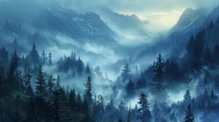 Misty fir forest landscape