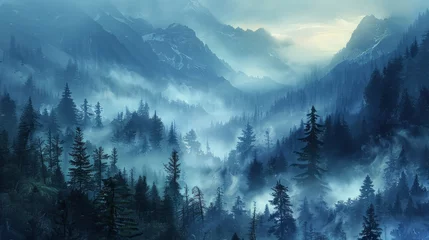 Photo sur Aluminium Bleu Jeans Misty fir forest landscape