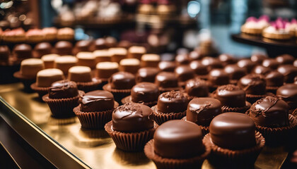 Artisanal Chocolate Desserts, rich and decadent, with a backdrop of a chocolate shop's elegant