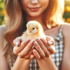 Foto op Plexiglas  Female hands holding cute little yellow chick baby chicken outdoor summer park closeup. Adorable farm bird fluffy newborn poultry winged hen tiny animal small curious fowl with beak in woman arms © Lab
