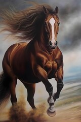 a painting of a horse running in the wind, by Carol Sutton, romanticist oil painting , masterful oil on canvas painting, highly detailed oil-painting, beautiful horse, by Pamela Ascherson, by TerryRe - obrazy, fototapety, plakaty