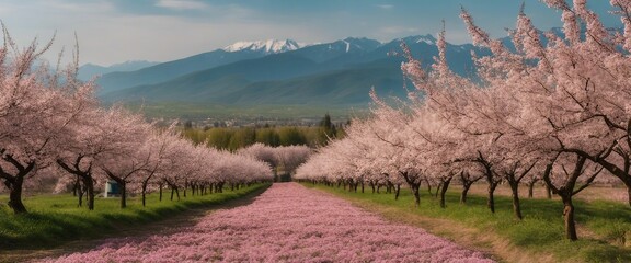 Blossoming Cherry Orchard, rows of cherry trees in full bloom, with a soft-focus mountain range