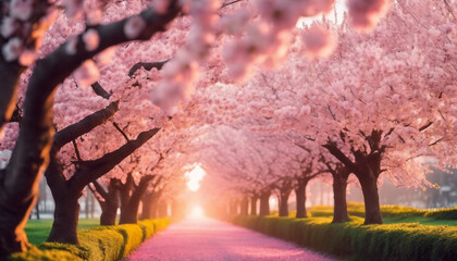 Blooming Cherry Blossom Avenue at Sunrise, soft pinks and whites standing out in the early