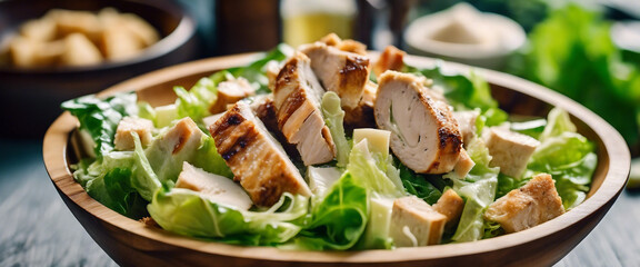 Classic Caesar salad with grilled chicken, parmesan, croutons, and Caesar dressing - obrazy, fototapety, plakaty