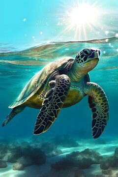 a turtle swimming in the ocean on a sunny day, sea turtles, great leviathan turtle, digital art animal photo, marine animal, tropical sea creatures, illustrations of animals, ocean background, turte,