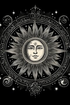 a black and white picture of a sun, sun system, sun, aztec sun goddess, zodiac libra sign, intricate arcane wiccan designs, solar mythos, suns and supernovas, sun god, as the goddess of the sun, tw s