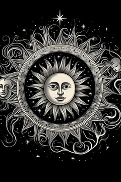 a black and white picture of a sun, sun system, sun, aztec sun goddess, zodiac libra sign, intricate arcane wiccan designs, solar mythos, suns and supernovas, sun god, as the goddess of the sun, tw s