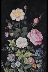 a painting of flowers on a black background, by Charles Maurice Detmold, floral wallpaper, 1 8 th century japanese painting, floral embroidery, roses background, flowers. baroque elements, rose bacgr