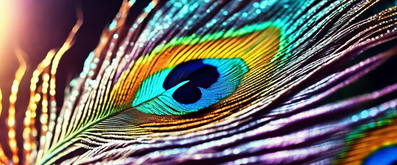 Close-Up of Vibrant Peacock Feather, the eye pattern in detail, with each color strand standing out