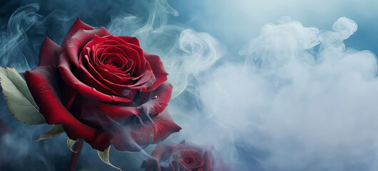 Dym i róża Piękny czerwony kwiat. Abstrakcyjna tapeta. Tło kwiatowe. Puste miejsce - obrazy, fototapety, plakaty