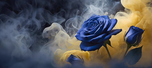Niebieska róża i dym, abstrakcyjne tło kwiatowe - obrazy, fototapety, plakaty