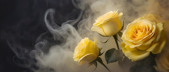 Róże i dym. Piękne żółte letnie kwiaty. Abstrakcyjne tło kwiatowe. Puste miejsce