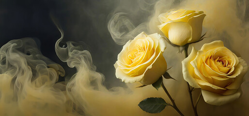 Róże i dym. Piękne żółte letnie kwiaty. Abstrakcyjne tło kwiatowe - obrazy, fototapety, plakaty
