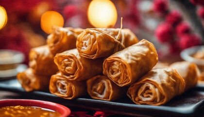 Crispy Spring Rolls, golden and inviting, with the festive atmosphere of a Chinese New Year celebrate