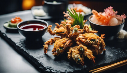Crispy Tempura Soft Shell Crab, on a sleek, black stone plate, with the gentle blur of a chic