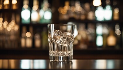 Crystal Clear Drinking Glass, filled with sparkling water, with a soft-focus of an upscale 