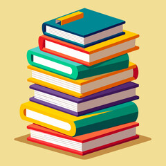 A tall stack of different colored hardcover books. Vector illustration 
