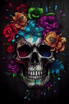 a drawing of a skull with flowers on it, graffiti art, by ESAO, grimdark vibrant palette, bright and saturated palette, the artist has used bright, dark image, depicting a flower, instagram art, skll