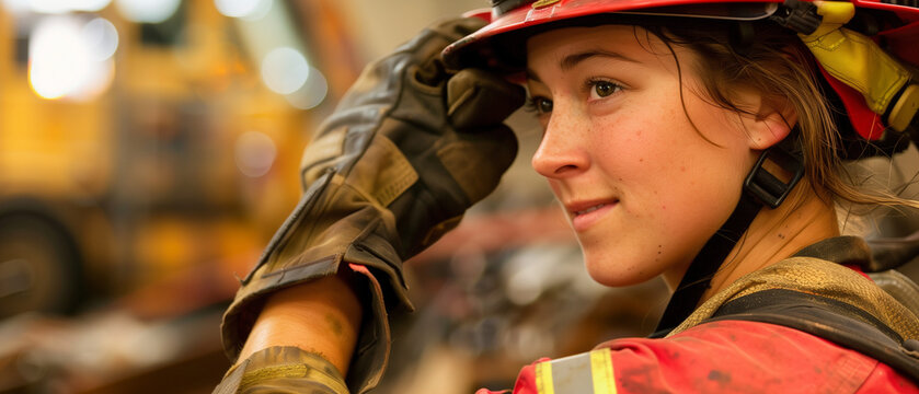 Inspiring Image of a Young Female Firefighter in Gear Smiling with Confidence at the Fire Station