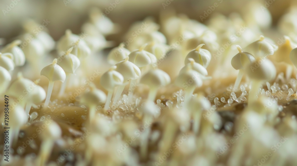 Poster a macro shot of tiny white seedlings sprouting from a layer of moisturerich soilless growing medium.