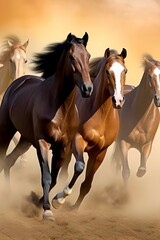 a group of horses running across a dirt field, inspired by Ancell Stronach, shutterstock, computer art, ebay, staggering in its beauty, four faces in one creature, beautiful border, gunslingers, inri