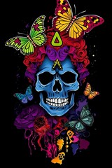 a colorful skull with a crown on its head, psychedelic art, holding cigar, mechanical butterfly, deep dark purple waters, machete, shirt, phantom crash, stp, red afro, rv, flying souls, guitarist, f,