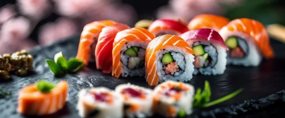Fototapeten Elegant sushi platter with a variety of colorful rolls and sashimi, presented on a black slate © vanAmsen