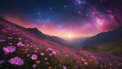 Enchanted Floral Valley, under a vibrant galaxy, the flowers bathed in the ethereal glow of a cosmic