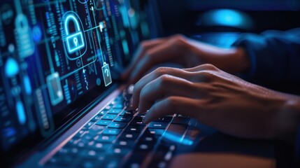 computer programmer, hacker printing code on laptop keyboard, secret organization system.