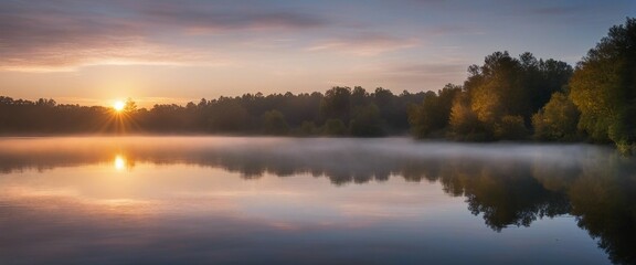 Ethereal River at Dawn, with mists swirling over the water as the first light of day mixes