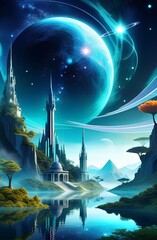 A majestic castle set against a backdrop of celestial bodies, including planets and nebulae, surrounded by serene waters and lush greenery, illuminating the night sky. Illustration by Generative AI.